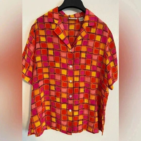 Vintage Riva Silk Short Sleeve Shirt | Size Small | Colorful Orang/pink - Picture 1 of 6